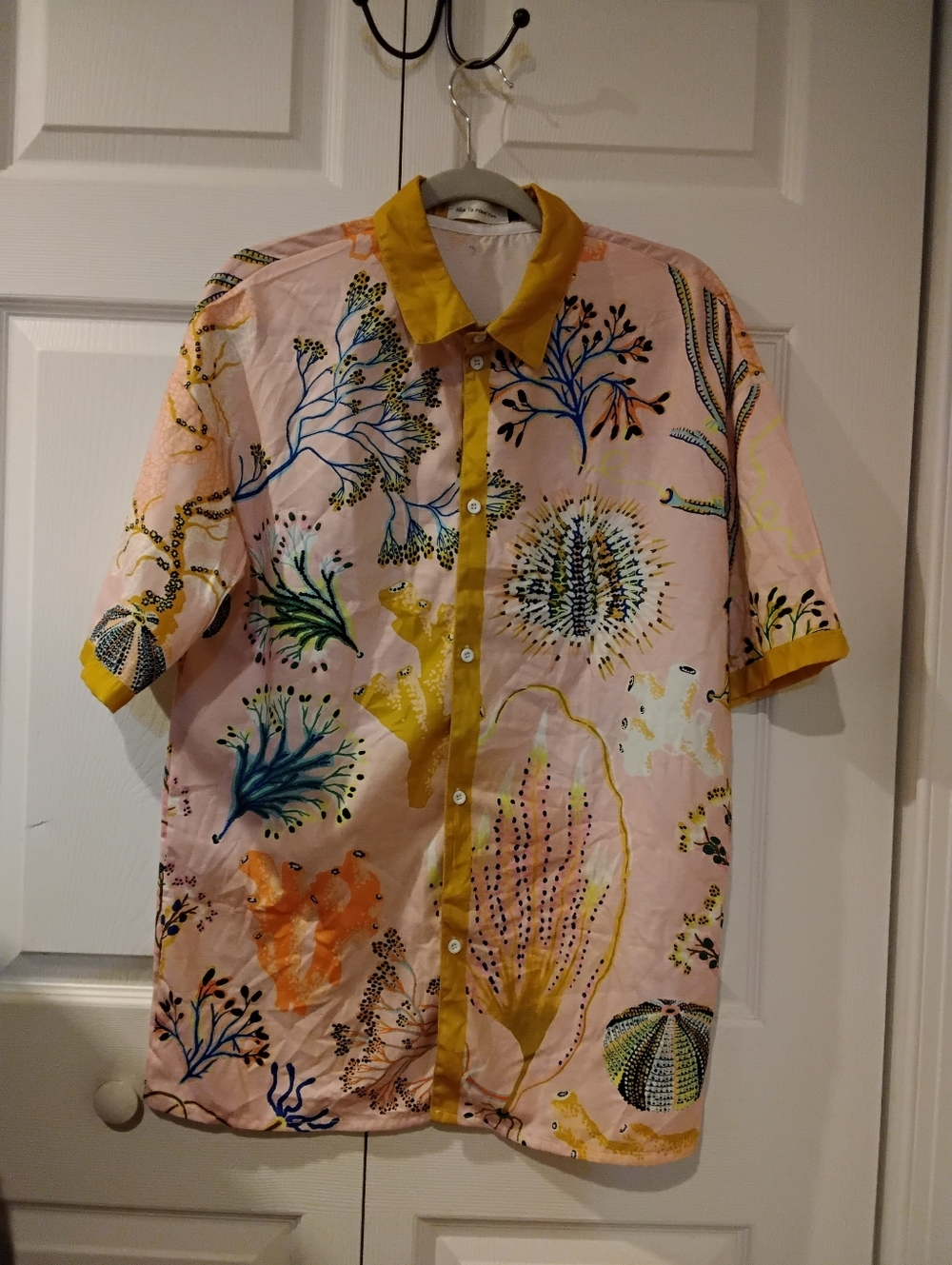 Floral Print Button-Up Shirt in Pale Pink & Mustard Trim
